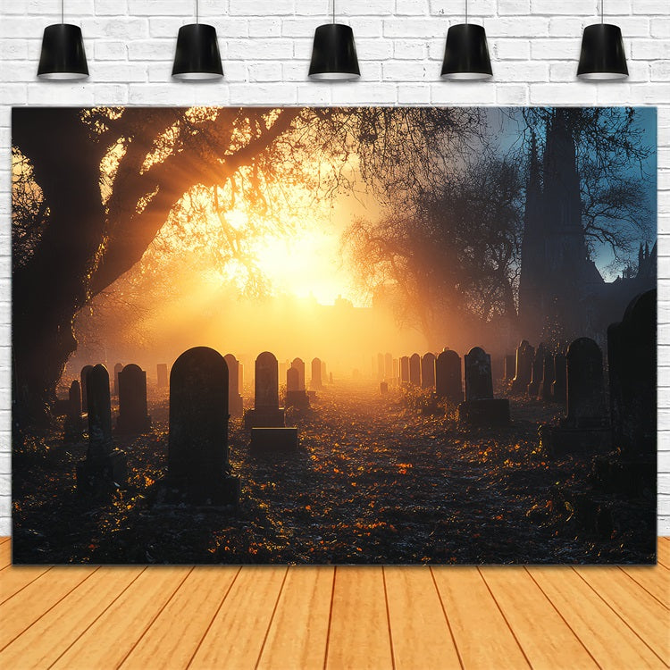 Cemetery Backdrop Cemetery Golden Sunset Mist Halloween Backdrops CSH58-92