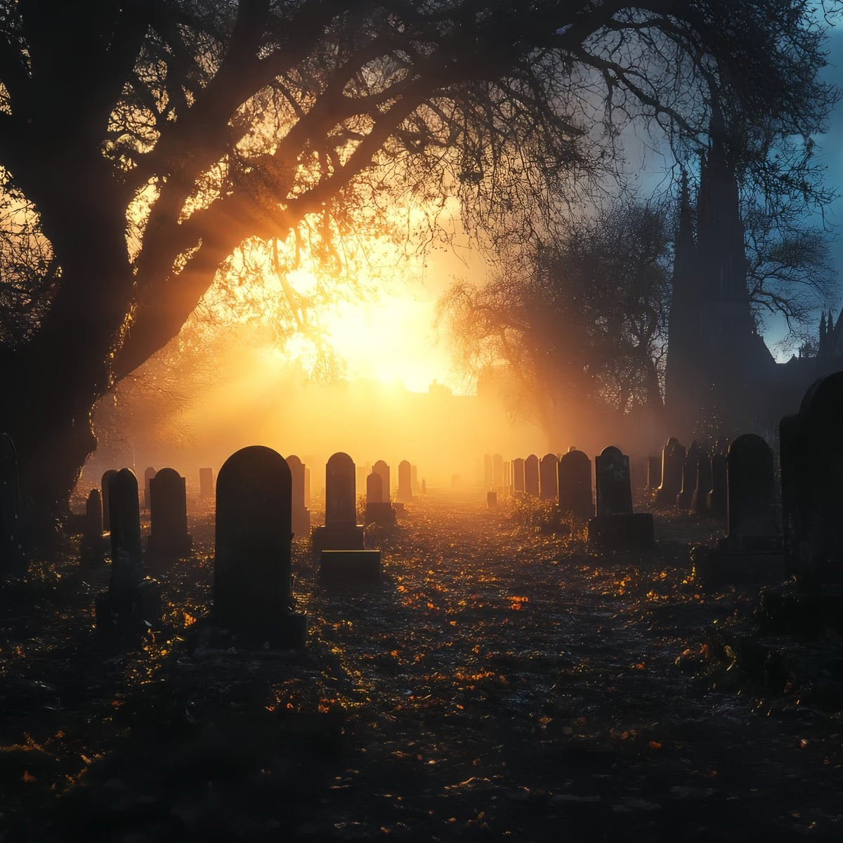Cemetery Backdrop Cemetery Golden Sunset Mist Halloween Backdrops CSH58-92