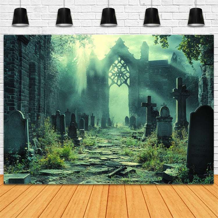 Graveyard Backdrop Ruined Cathedral Graveyard Shadows Halloween Backdrops CSH58-95