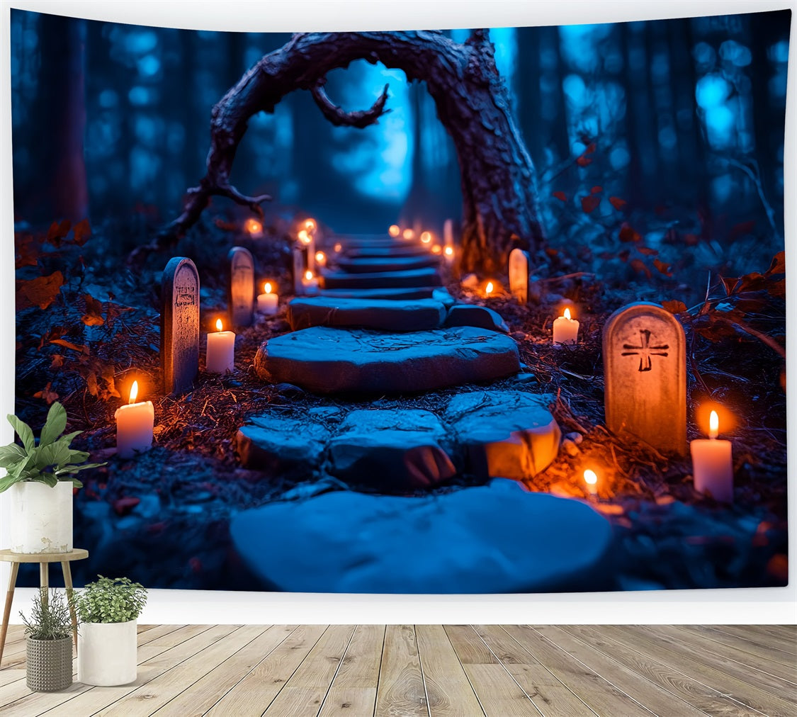 Graveyard Backdrop Candlelit Tombstone Forest Trail Halloween Photo Backdrop CSH58-96