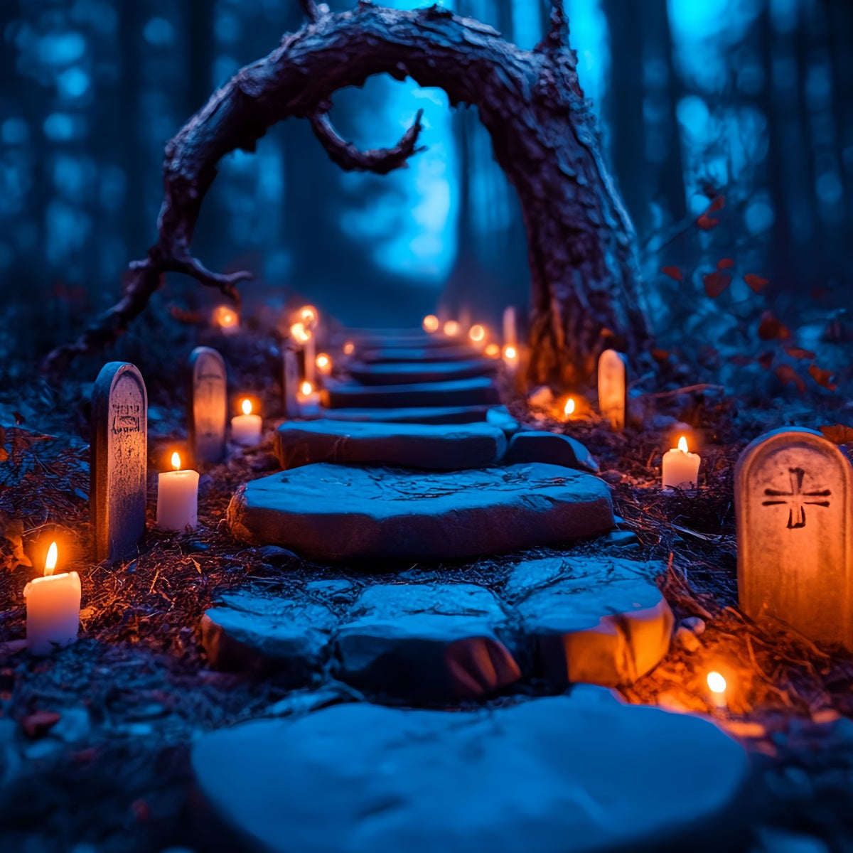 Graveyard Backdrop Candlelit Tombstone Forest Trail Halloween Photo Backdrop CSH58-96
