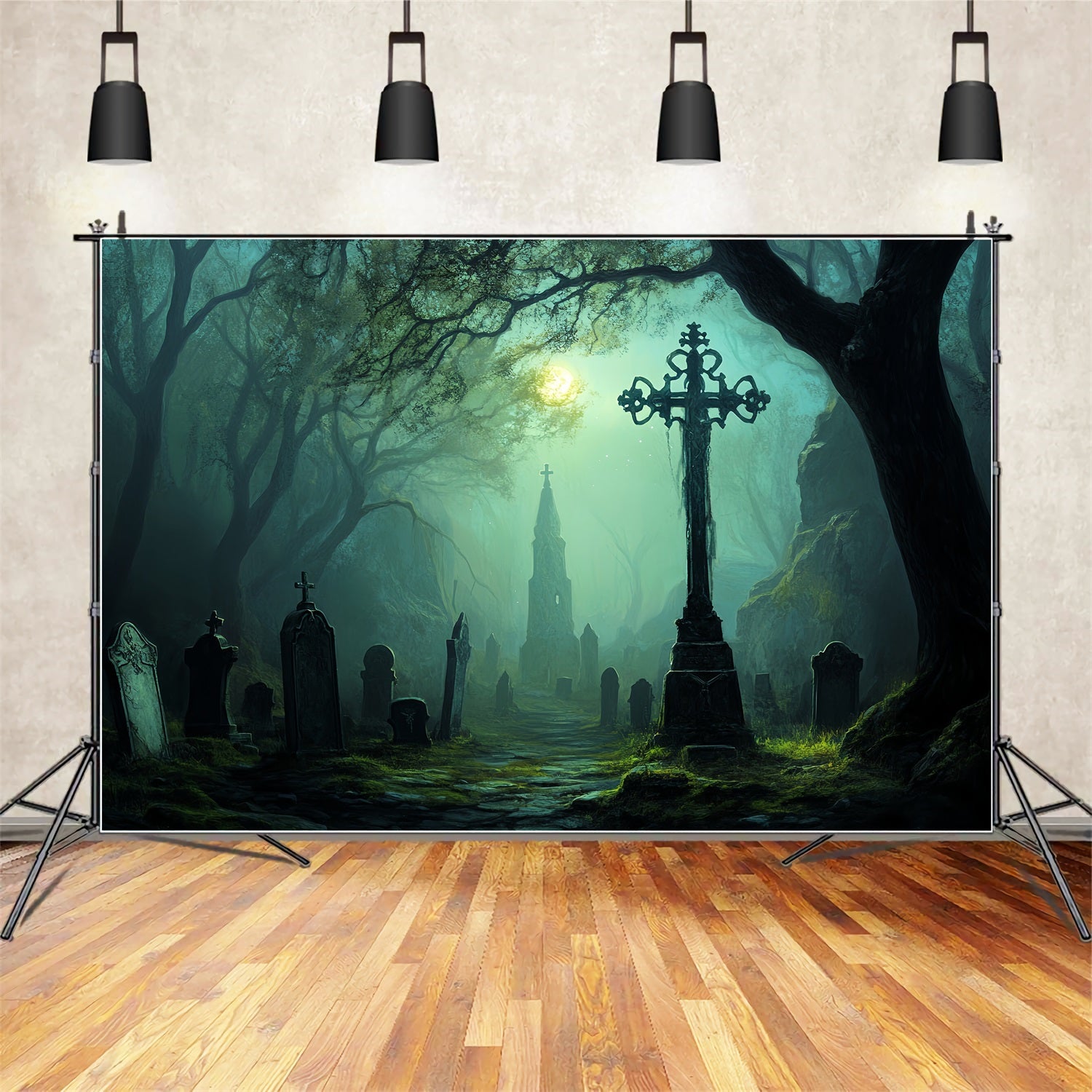 Graveyard Backdrop Moonlit Haunted Graveyard Path Halloween Photo Backdrop CSH58-97