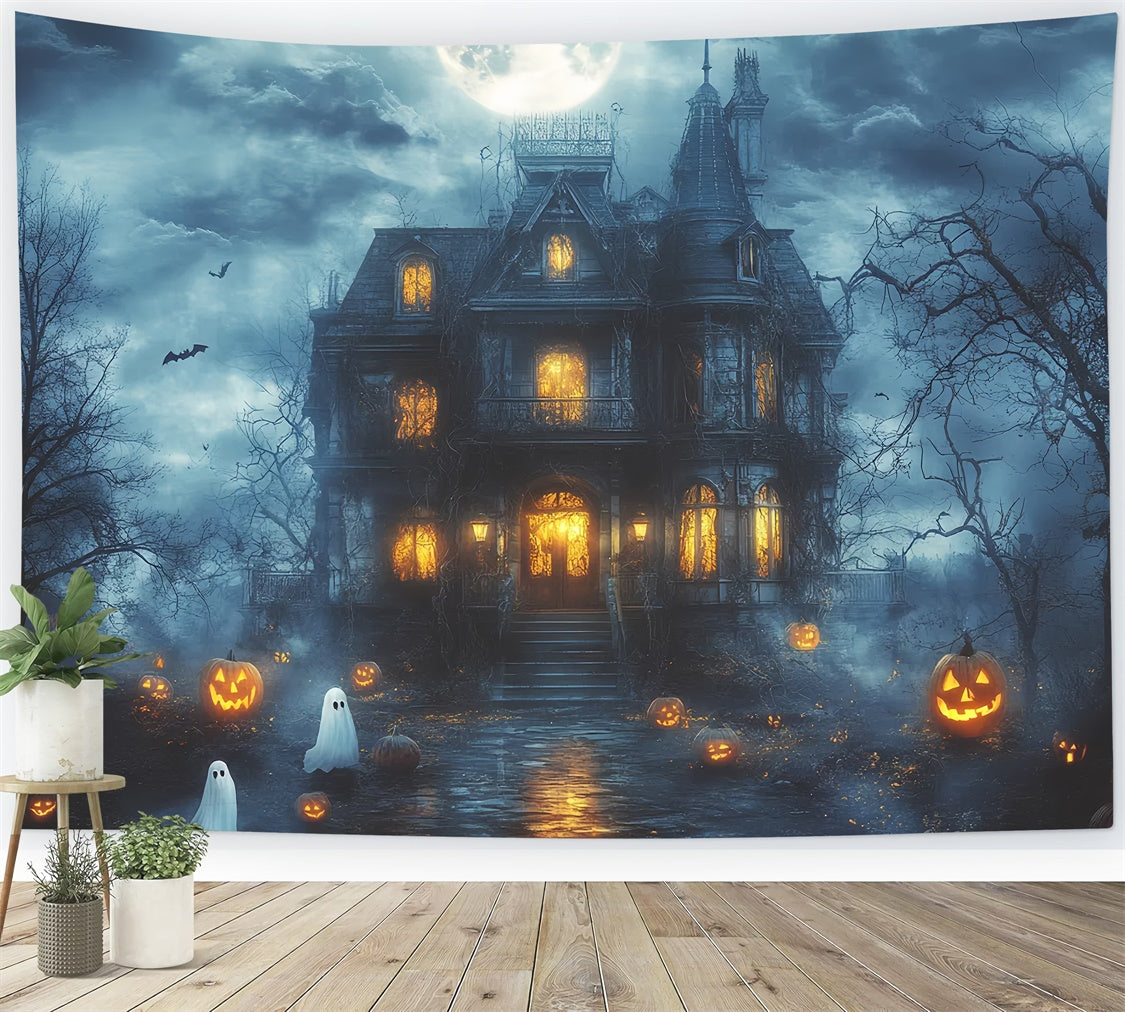 Spooky Halloween Backdrop Haunted Moonlight Mansion Backdrop CSH6-107