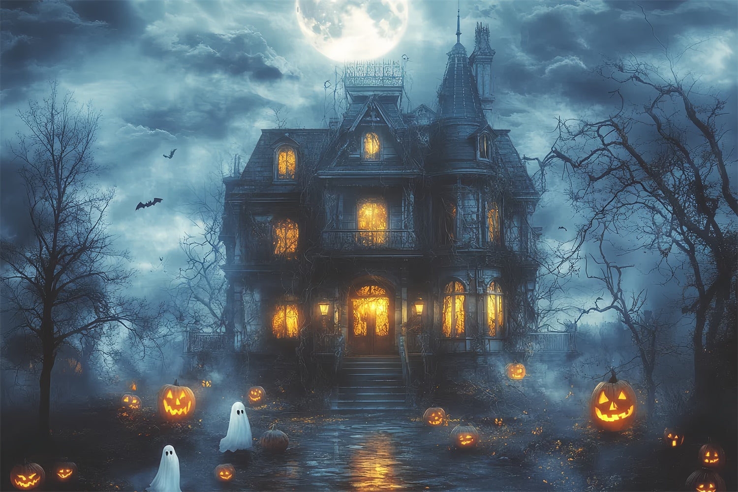 Spooky Halloween Backdrop Haunted Moonlight Mansion Backdrop CSH6-107