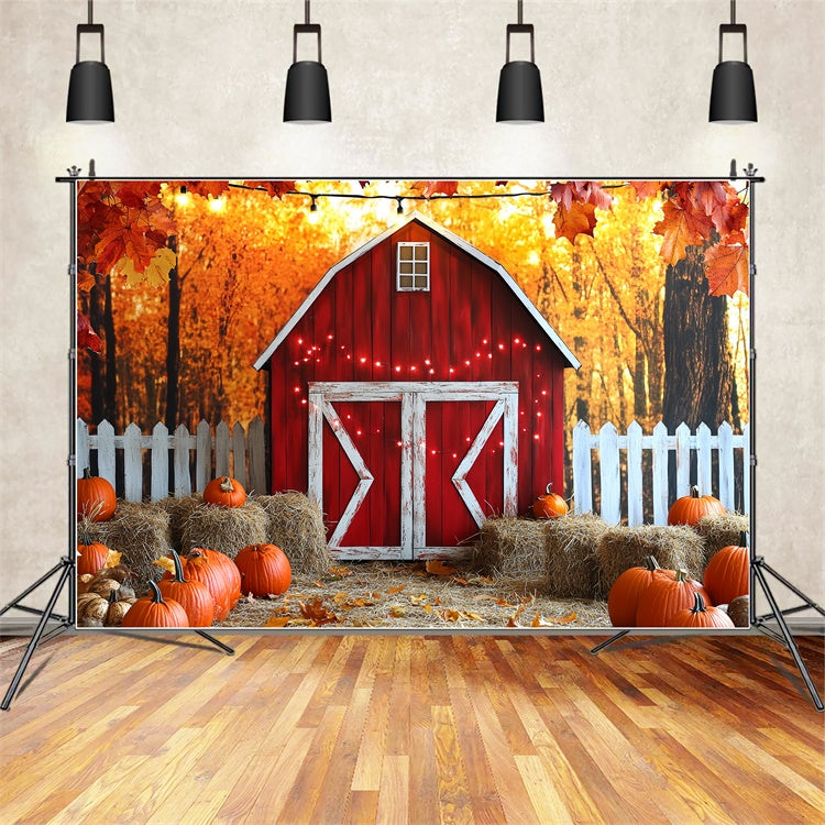 Red Barn Backdrop White Fence Harvest Autumn Photo Backdrop CSH6-203