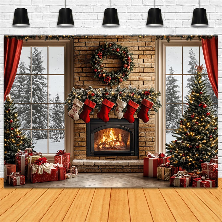 Christmas Fireplace Backdrop Warm Hearth Winter Backdrop CSH6-257