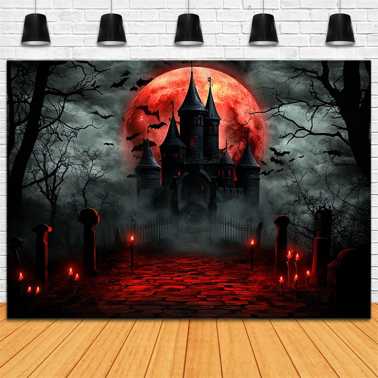Halloween Moon Backdrop Blood Moon Haunted Castle Backdrop CSH6-66