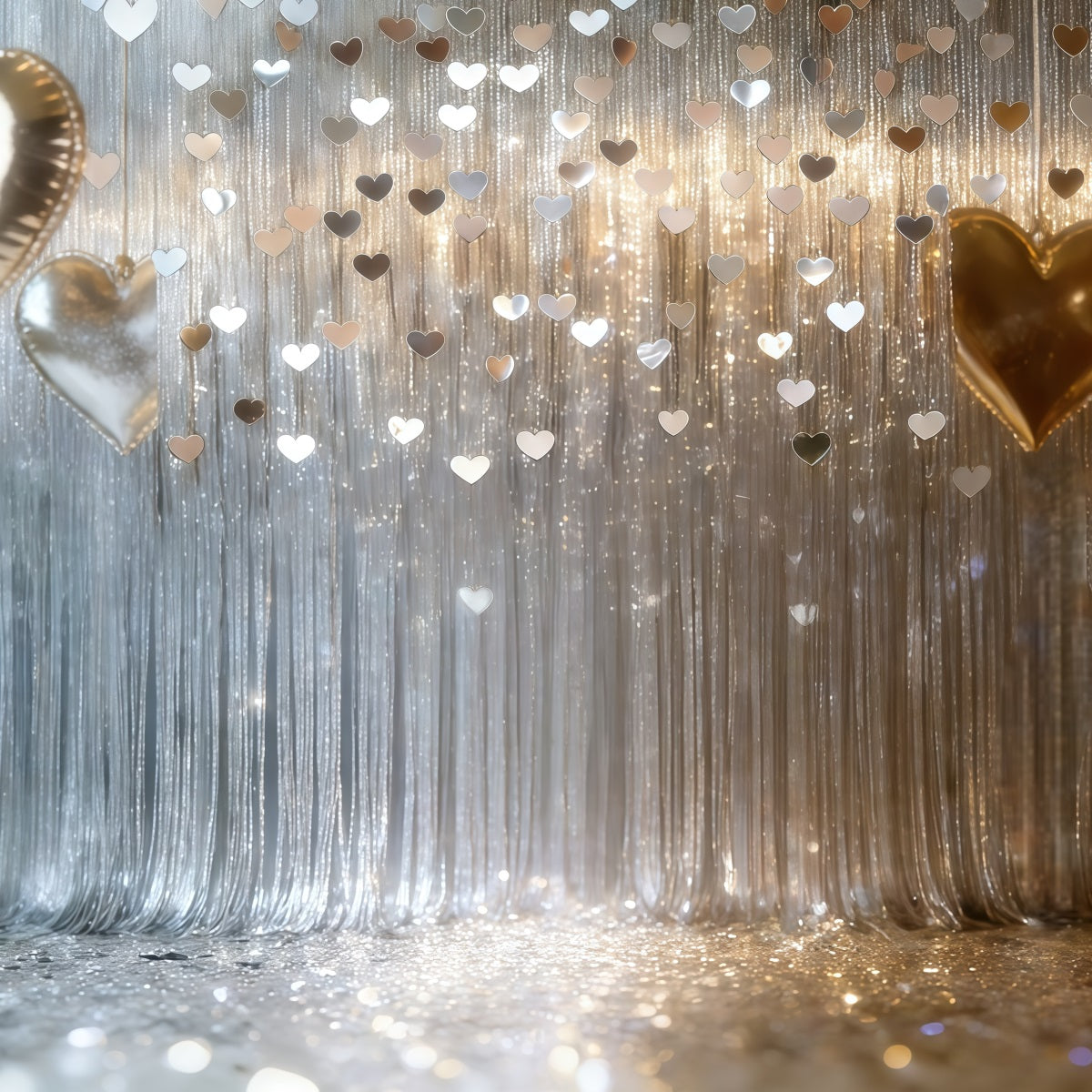 Glitter Valentine Backdrop Silver Heart Fringe Curtain Valentine's Day Backdrops CSH61-103
