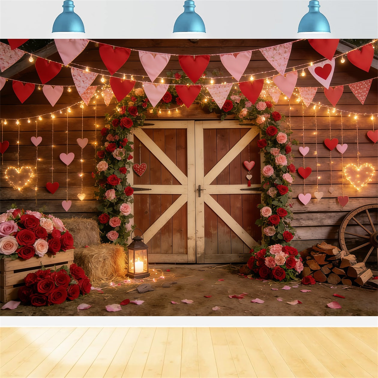 Rustic Farmhouse Valentine Backdrop Barn Heart Garland Valentines Day Backdrop CSH61-106