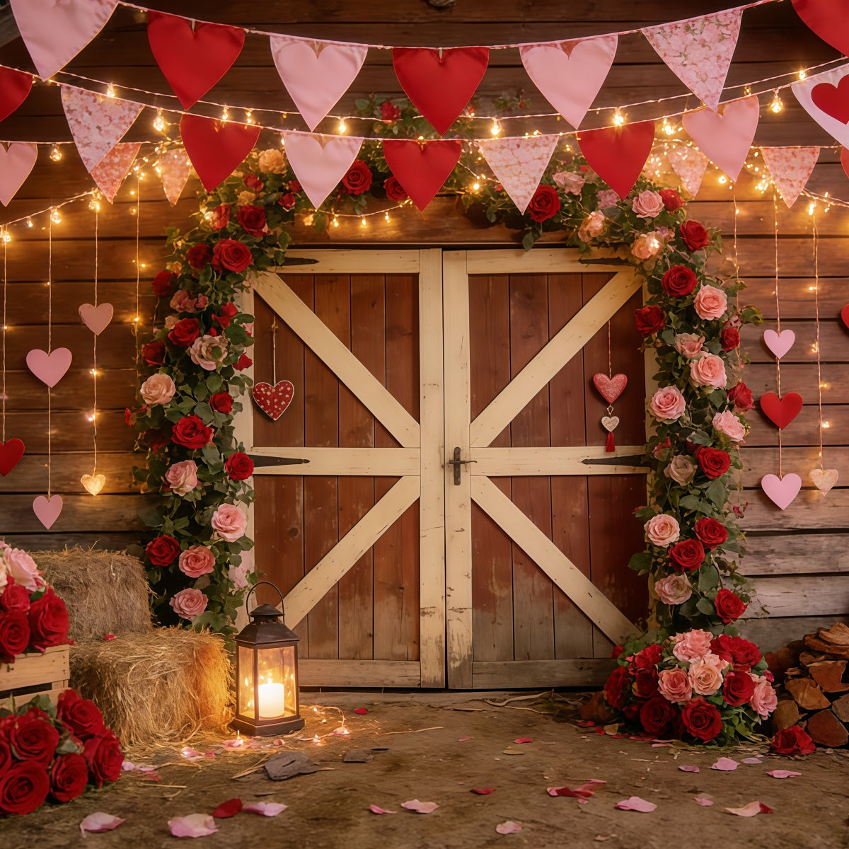 Rustic Farmhouse Valentine Backdrop Barn Heart Garland Valentines Day Backdrop CSH61-106