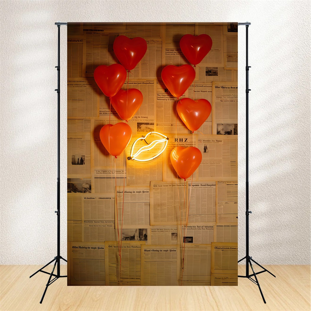Newspaper Valentine's Day Backdrop Heart Balloons Neon Lips Valentine's Day Backdrop Ideas CSH61-109