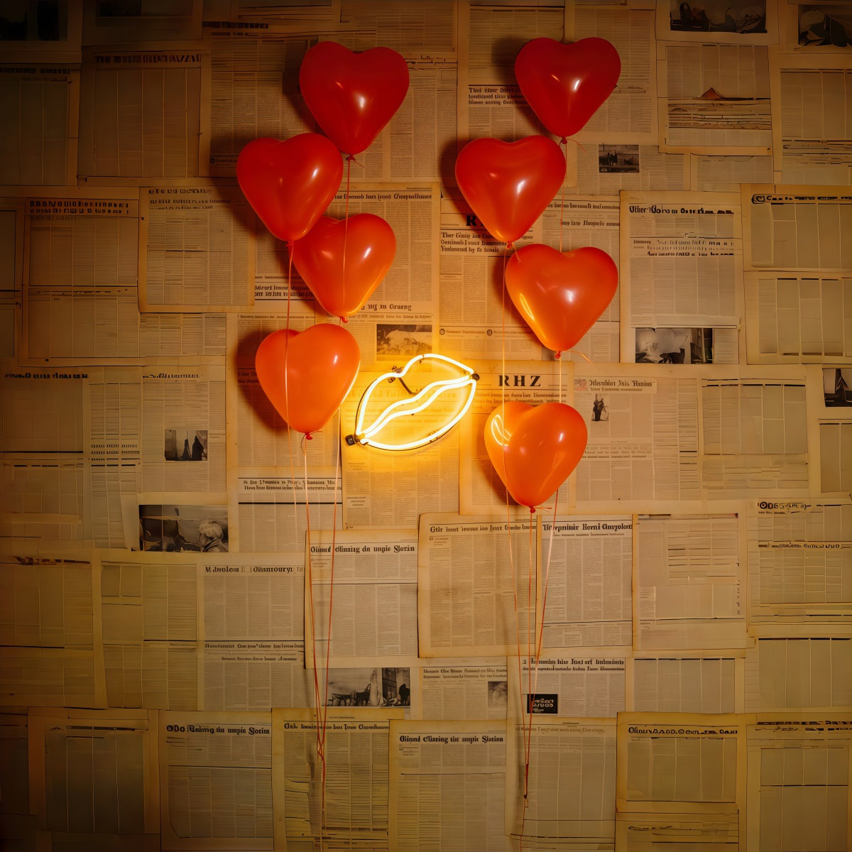 Newspaper Valentine's Day Backdrop Heart Balloons Neon Lips Valentine's Day Backdrop Ideas CSH61-109