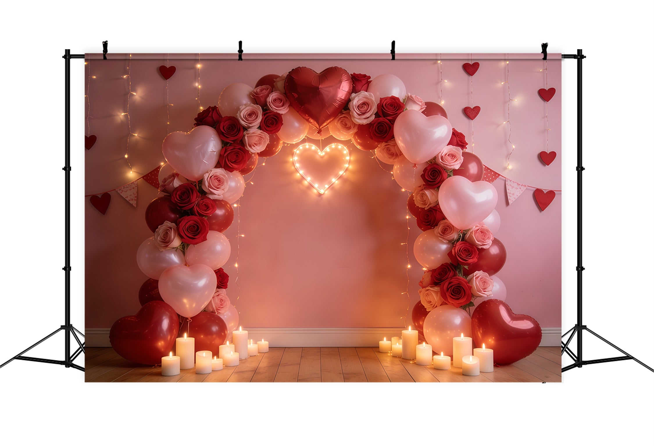 Floral Arch Valentine's Day Backdrop Rose Heart Balloon Arch Romantic Photo Backdrop CSH61-113