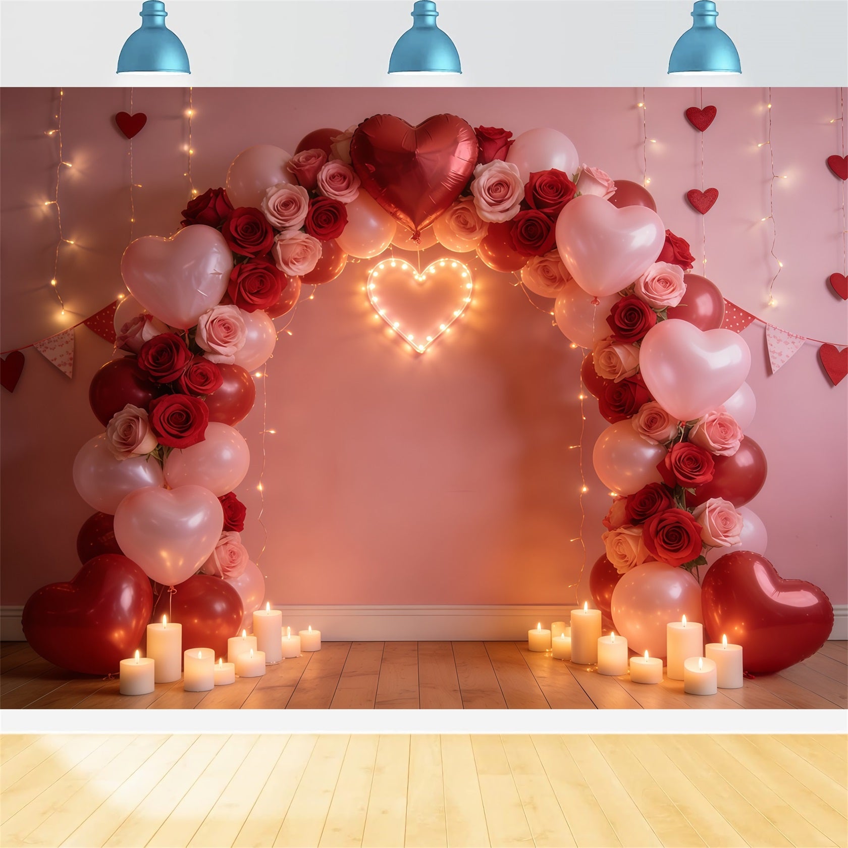 Floral Arch Valentine's Day Backdrop Rose Heart Balloon Arch Romantic Photo Backdrop CSH61-113
