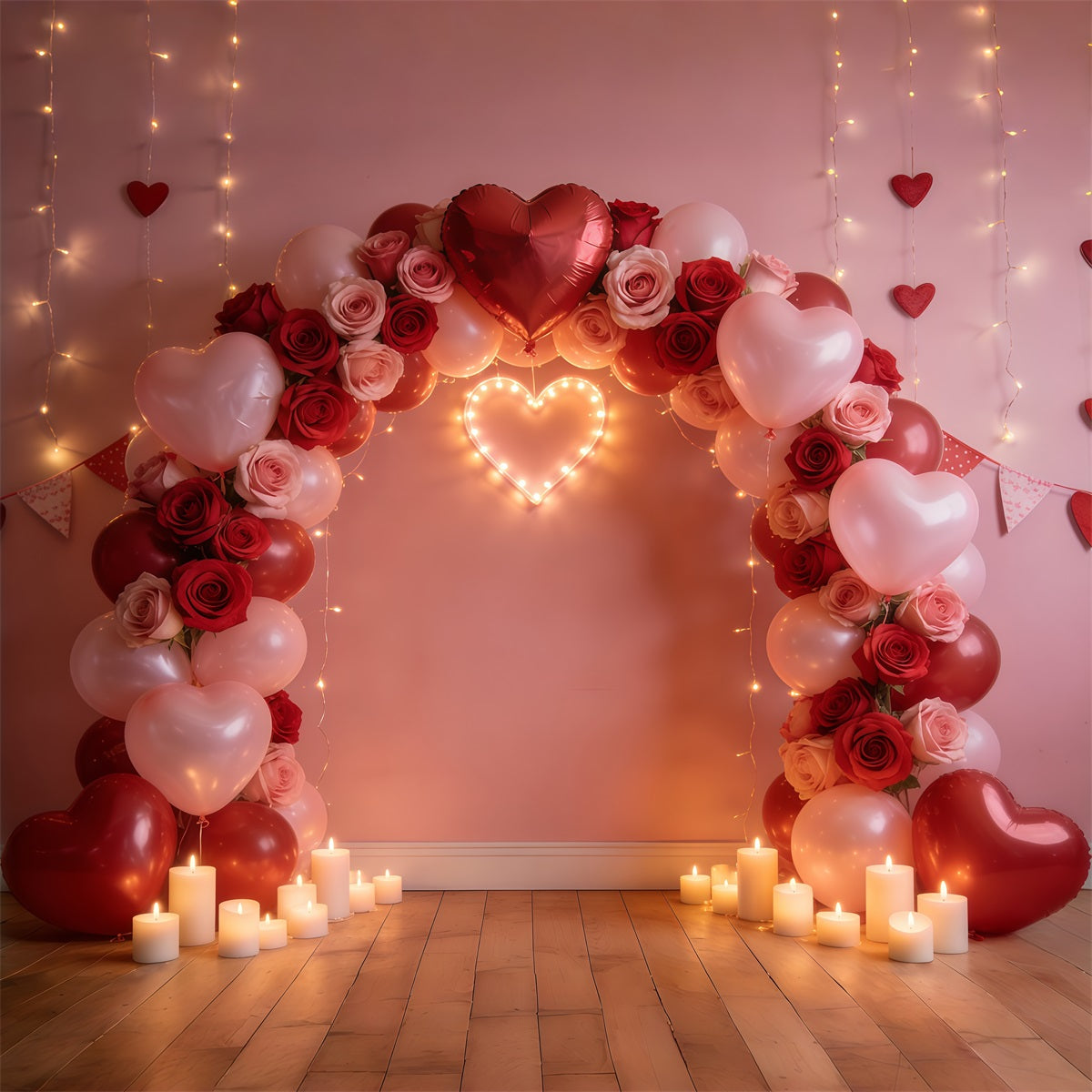 Floral Arch Valentine's Day Backdrop Rose Heart Balloon Arch Romantic Photo Backdrop CSH61-113