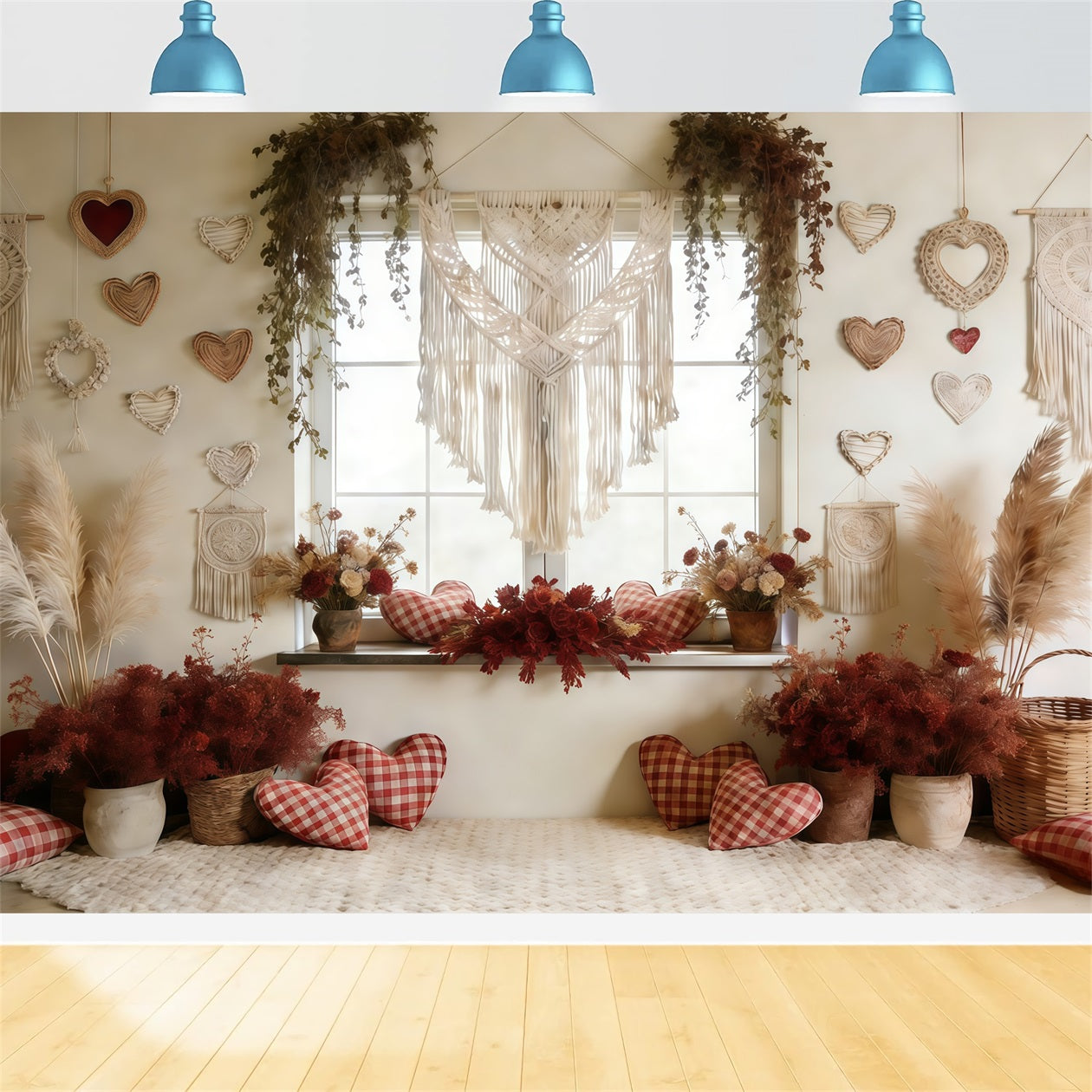 Boho Floral Valentine's Day Backdrop Macrame Heart Window Valentine Backdrop For Pictures CSH61-117