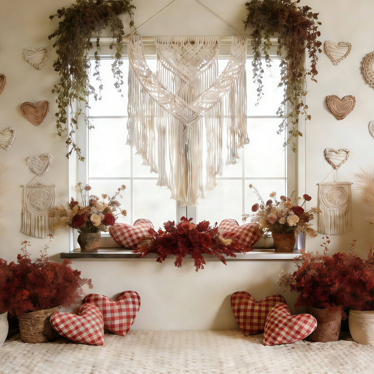 Boho Floral Valentine's Day Backdrop Macrame Heart Window Valentine Backdrop For Pictures CSH61-117