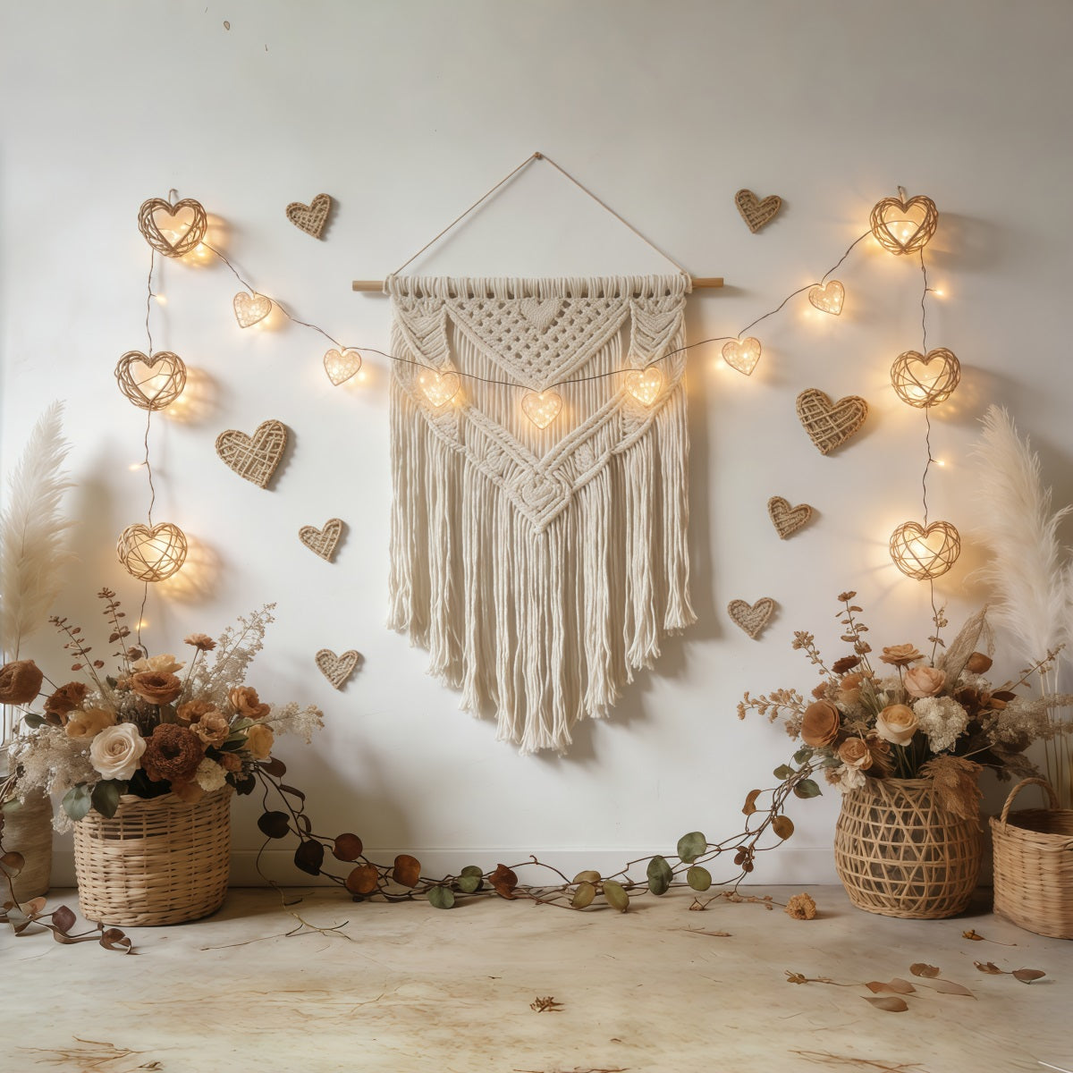 Boho Floral Valentine's Day Backdrop Macrame Heart Garland Valentine Backdrop For Pictures CSH61-118
