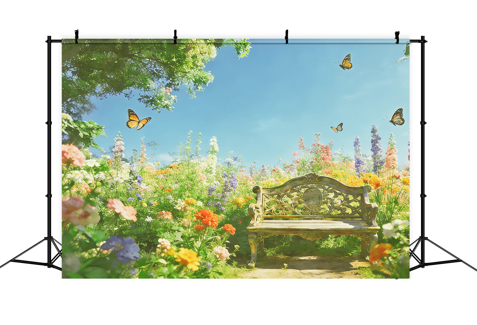 Floral Garden Backdrop Sunlit Wildflower Bench Butterfly Floral Backdrop Photoshoot CSH61-119