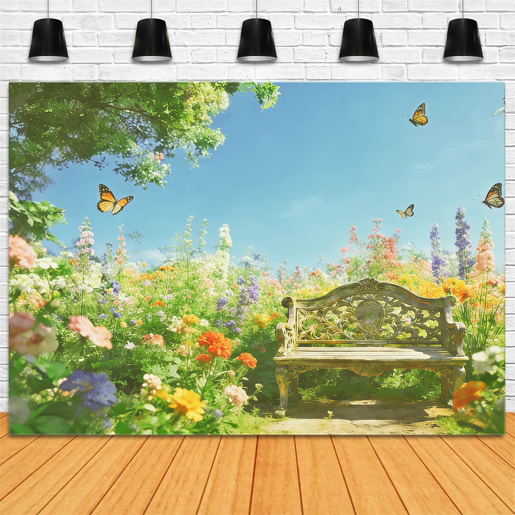 Floral Garden Backdrop Sunlit Wildflower Bench Butterfly Floral Backdrop Photoshoot CSH61-119