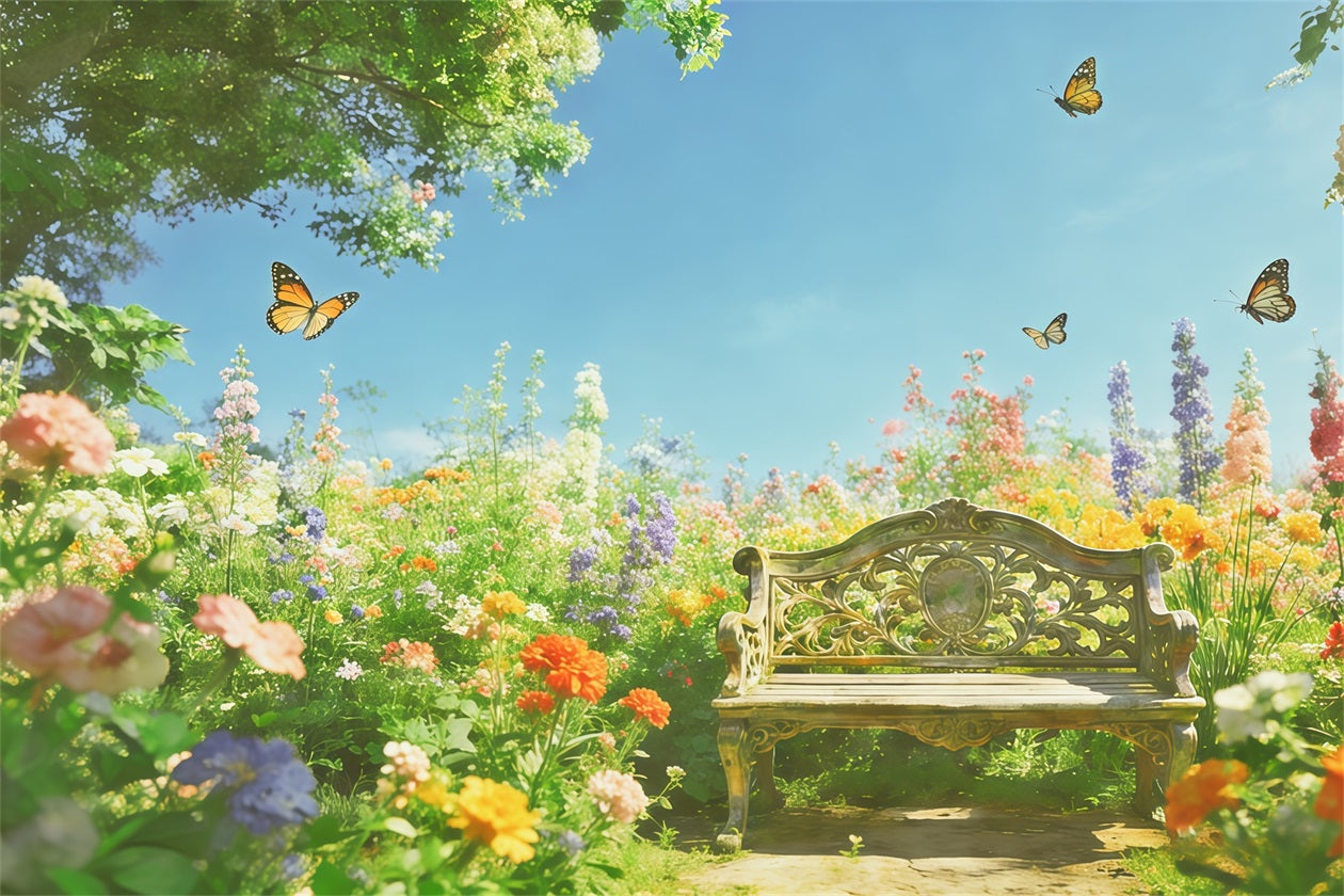 Floral Garden Backdrop Sunlit Wildflower Bench Butterfly Floral Backdrop Photoshoot CSH61-119