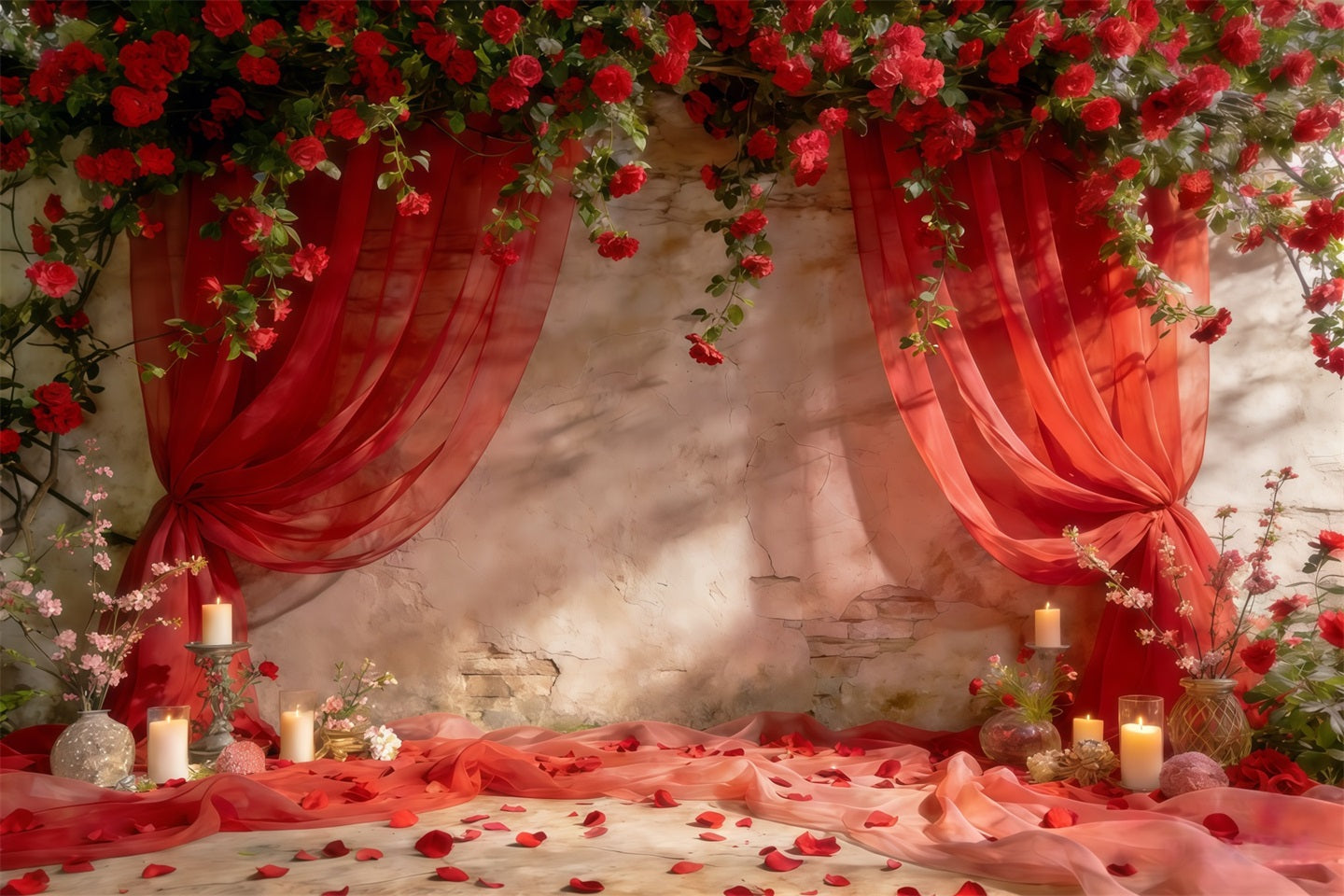 Spring Flowers Backdrop Romantic Red Draped Roses Spring Party Backdrop CSH61-121
