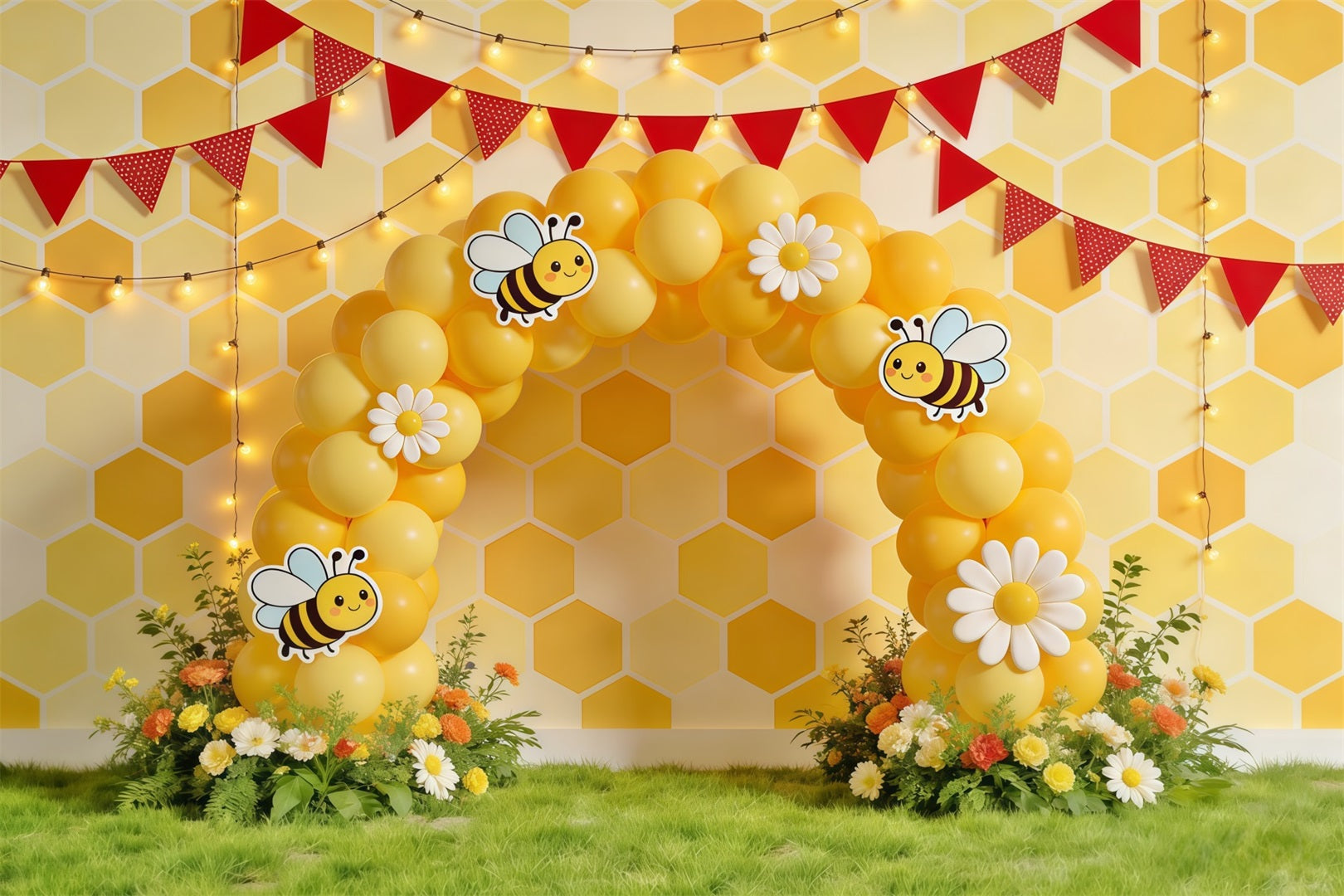 Honey Bee Backdrop Honeycomb Daisy Balloon Arch Photography Backdrops Spring CSH61-122