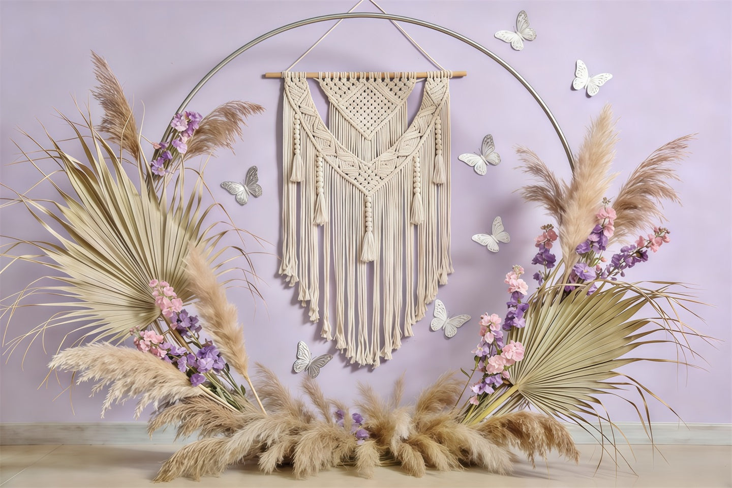 Pampas Grass Wall Backdrop Boho Macrame Pampas Butterfly Spring Photoshoot Backdrop CSH61-125