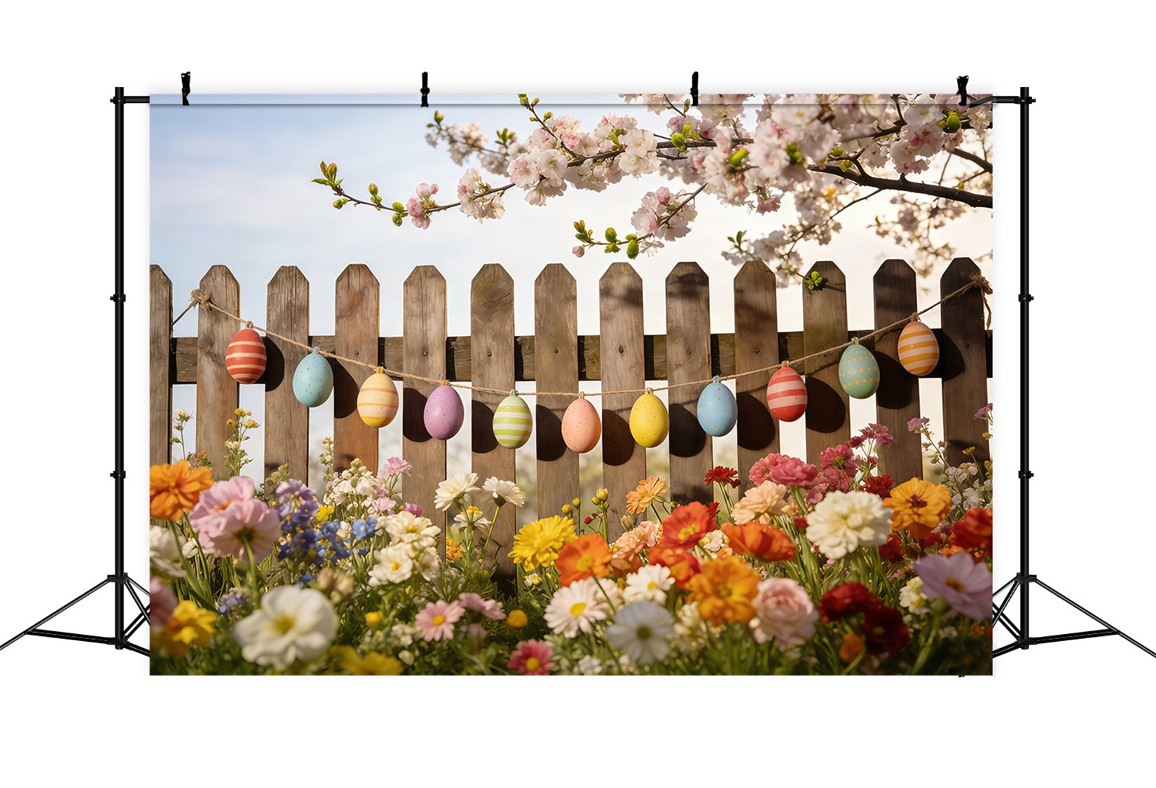 Spring Easter Backdrop Painted Eggs Garden Fence Spring Photo Booth Backdrop CSH61-131