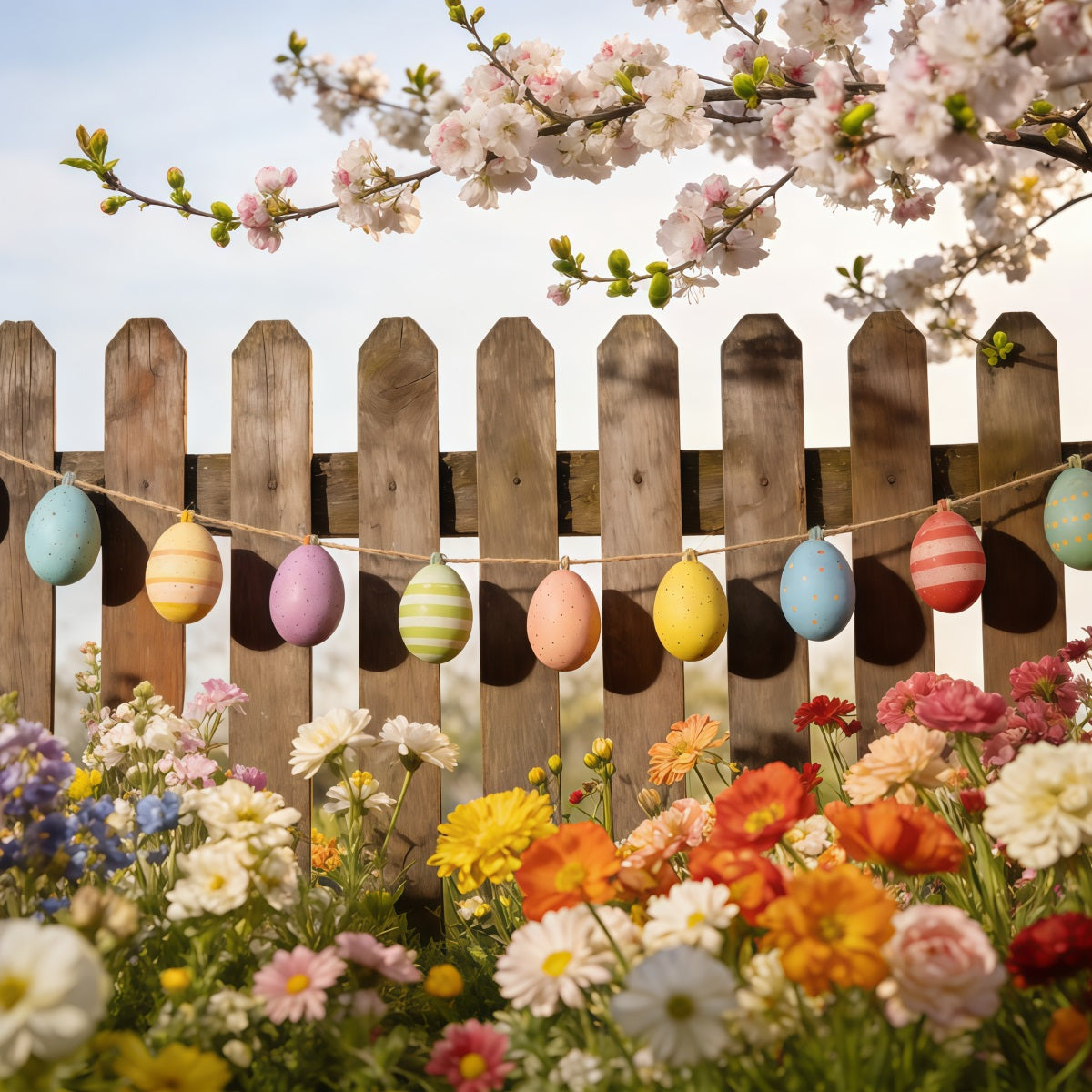 Spring Easter Backdrop Painted Eggs Garden Fence Spring Photo Booth Backdrop CSH61-131