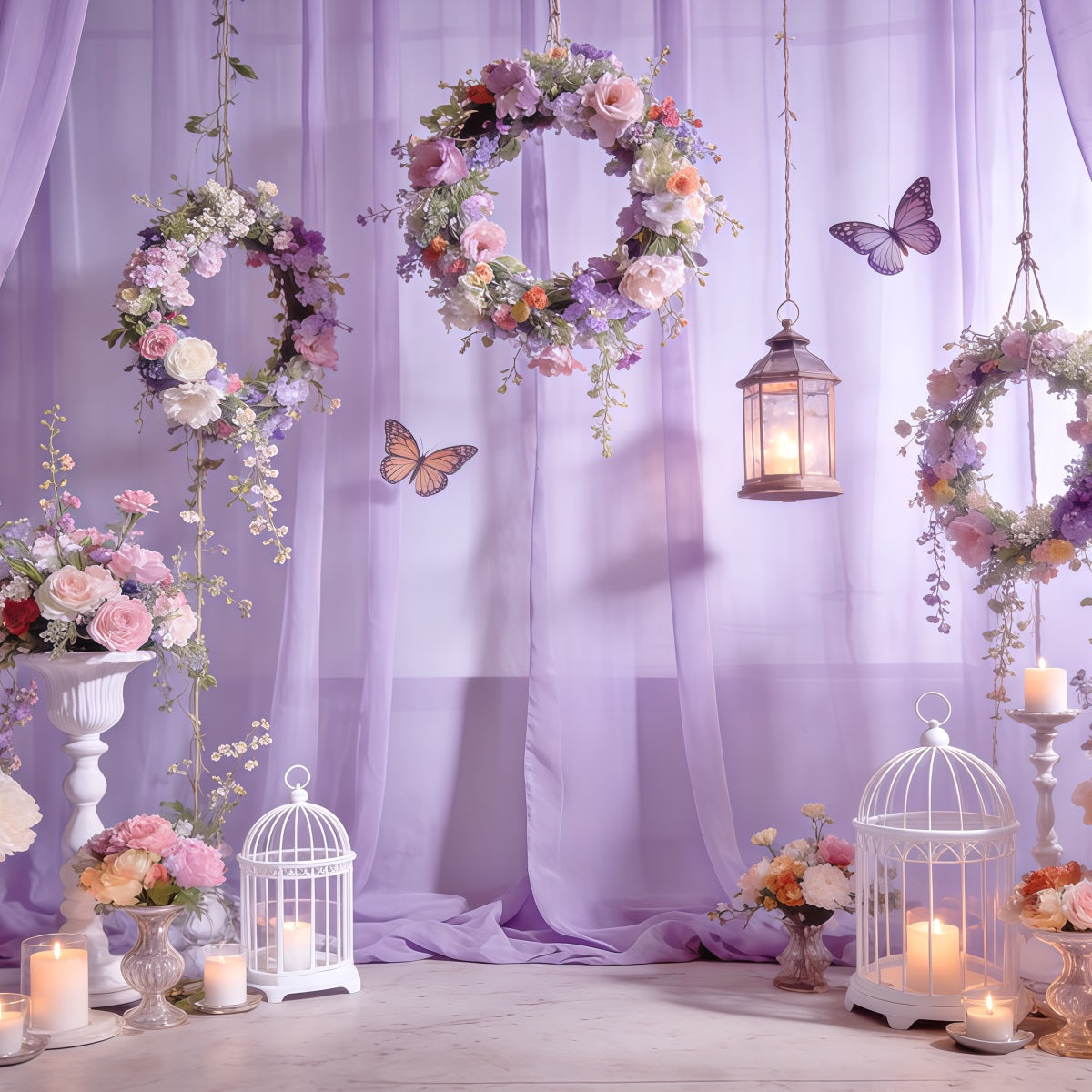 Wildflower Garland Backdrop Lavender Wreath Lantern Butterfly Spring Themed Backdrop CSH61-132