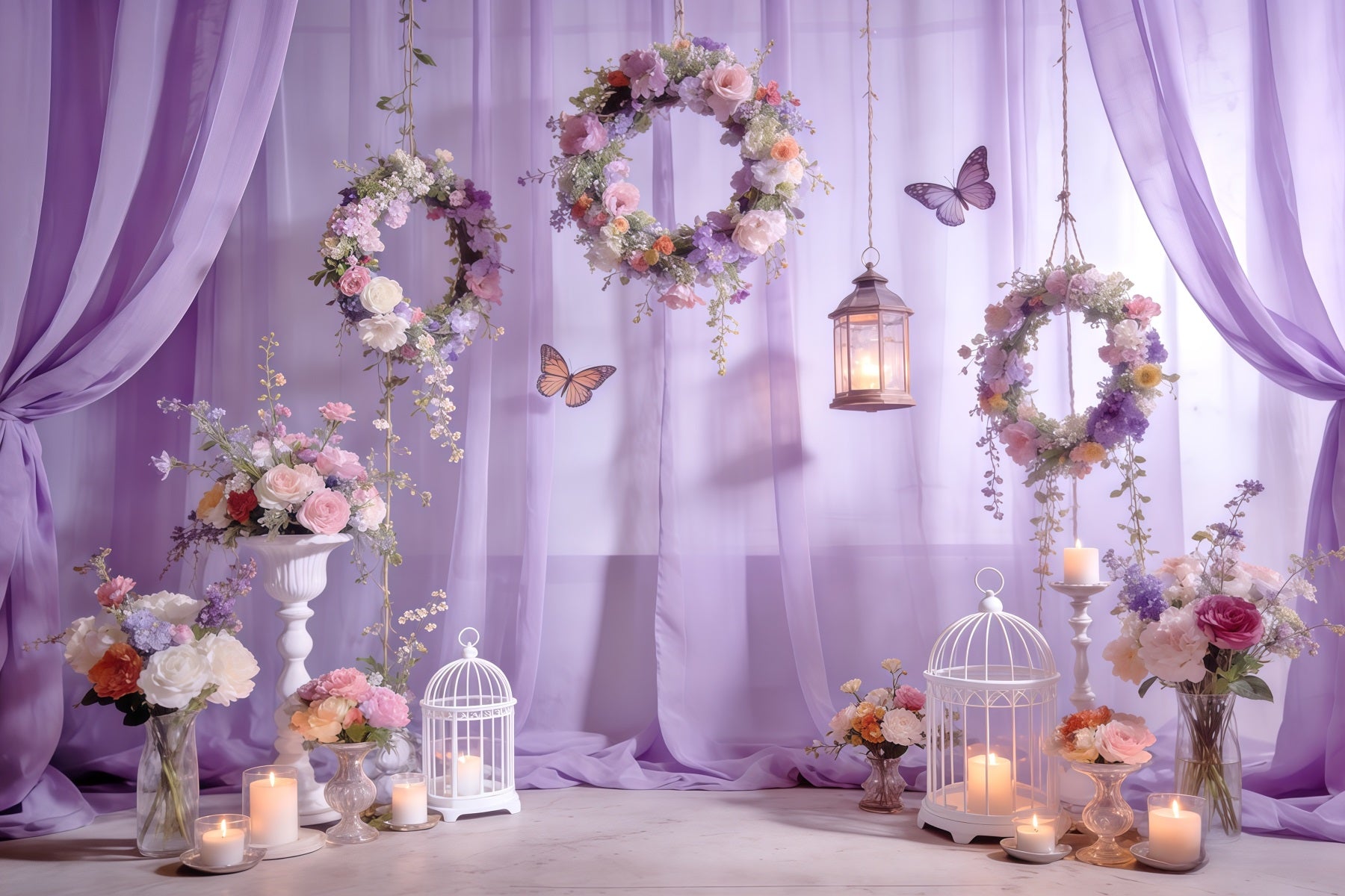 Wildflower Garland Backdrop Lavender Wreath Lantern Butterfly Spring Themed Backdrop CSH61-132