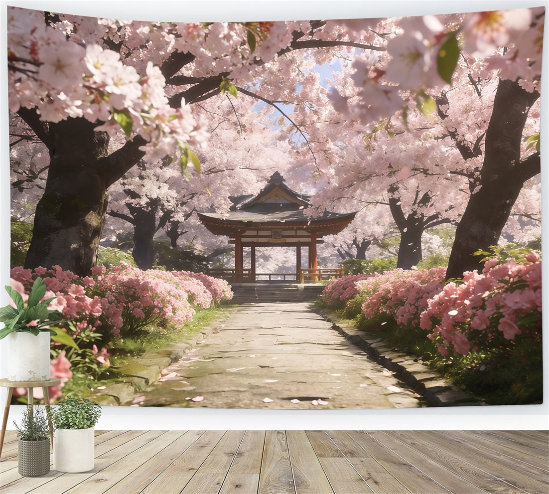 Cherry Blossom Tree Backdrop Sakura Pathway Tranquil Pavilion Floral Print Backdrop CSH61-133