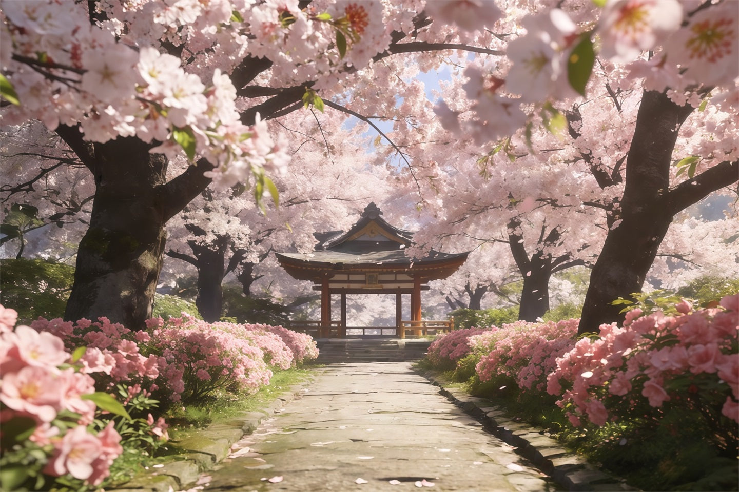 Cherry Blossom Tree Backdrop Sakura Pathway Tranquil Pavilion Floral Print Backdrop CSH61-133