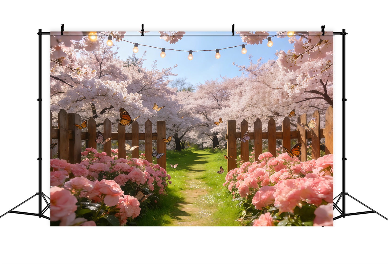 Cherry Blossom Tree Backdrop Pastel Flowers Butterfly Fence Floral Print Backdrop CSH61-134