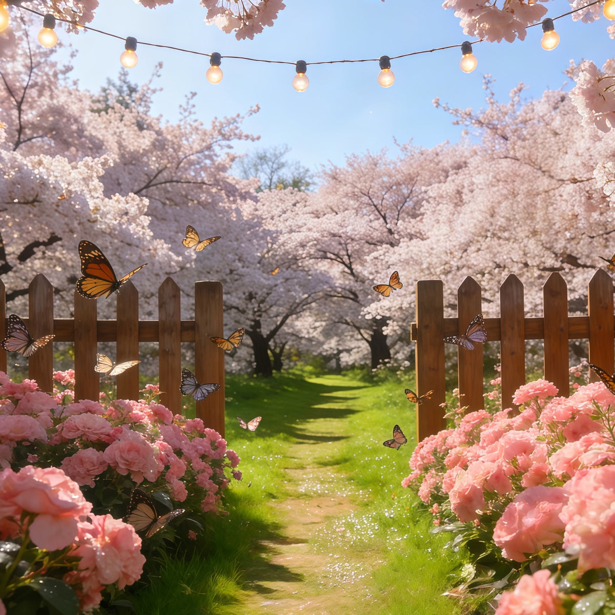 Cherry Blossom Tree Backdrop Pastel Flowers Butterfly Fence Floral Print Backdrop CSH61-134