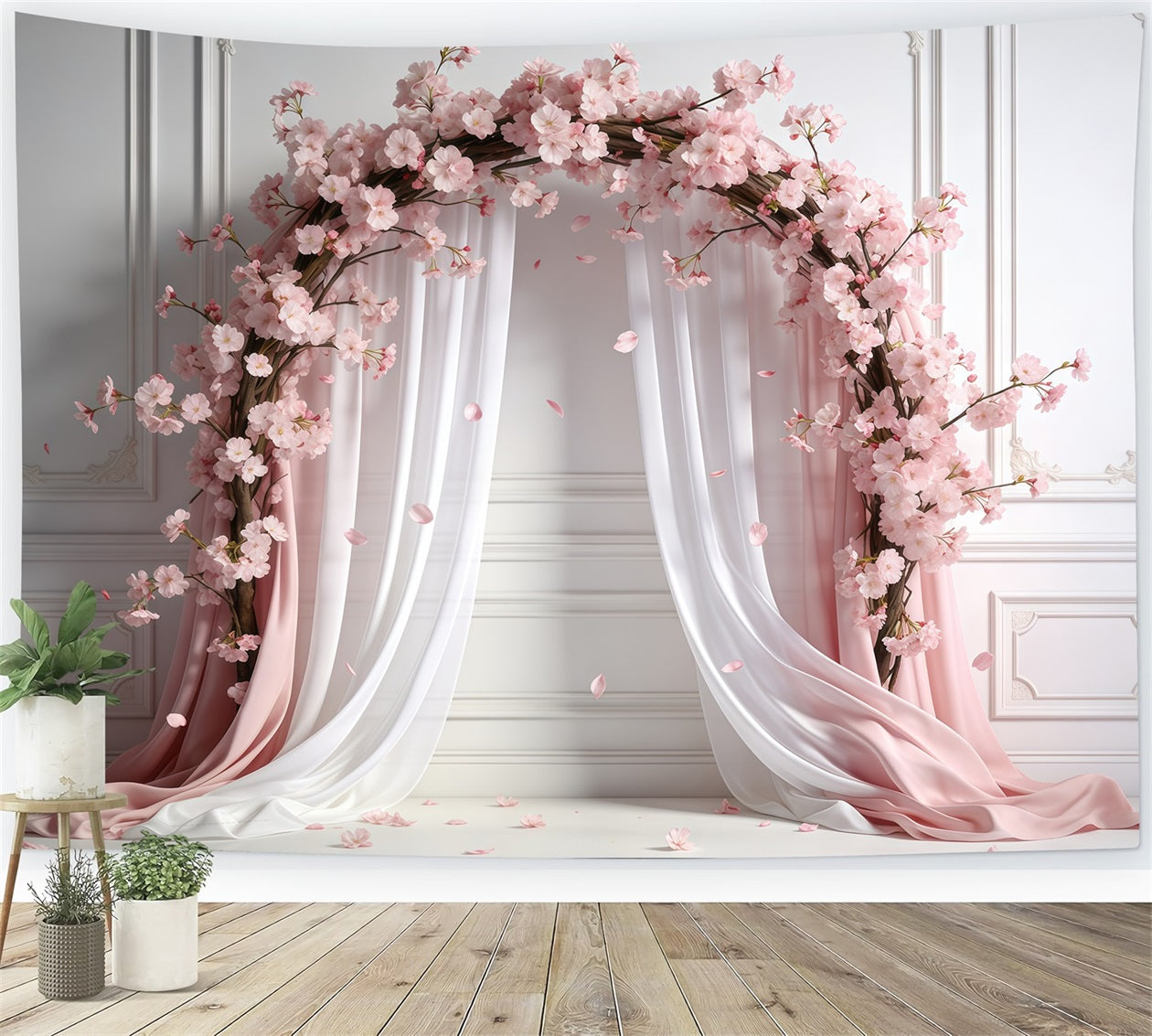 Pink Cherry Blossom Backdrop Pastel Draped Sakura Blossom Spring Backdrops For Pictures CSH61-138
