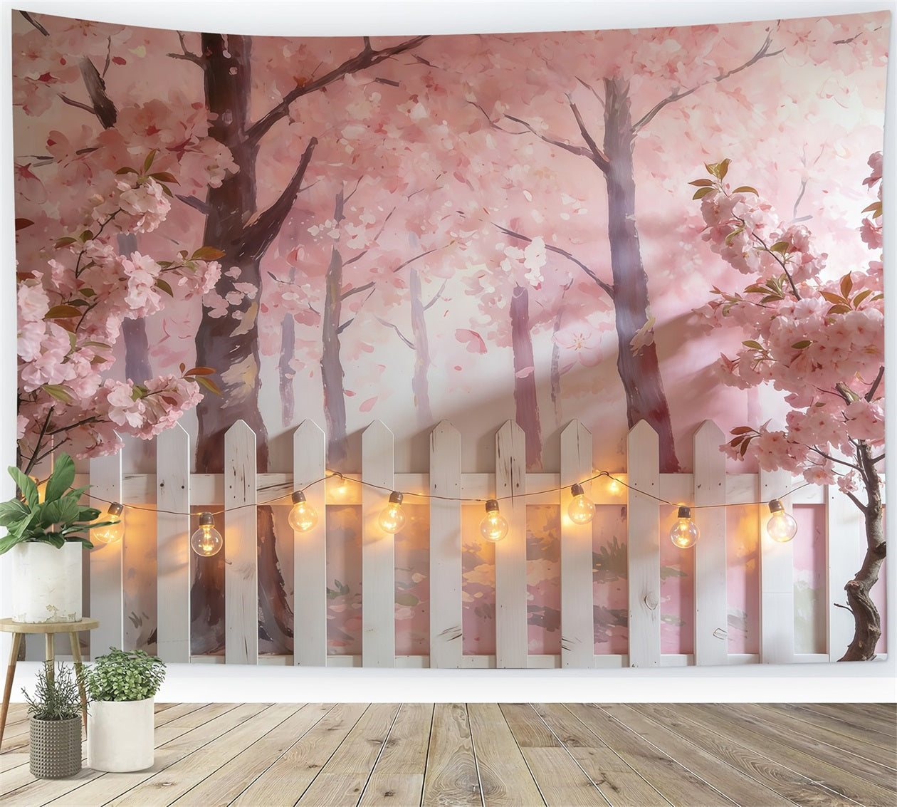 Cherry Blossoms Backdrop Pink Blossom Trees White Fence Photography Spring Backdrop CSH61-139