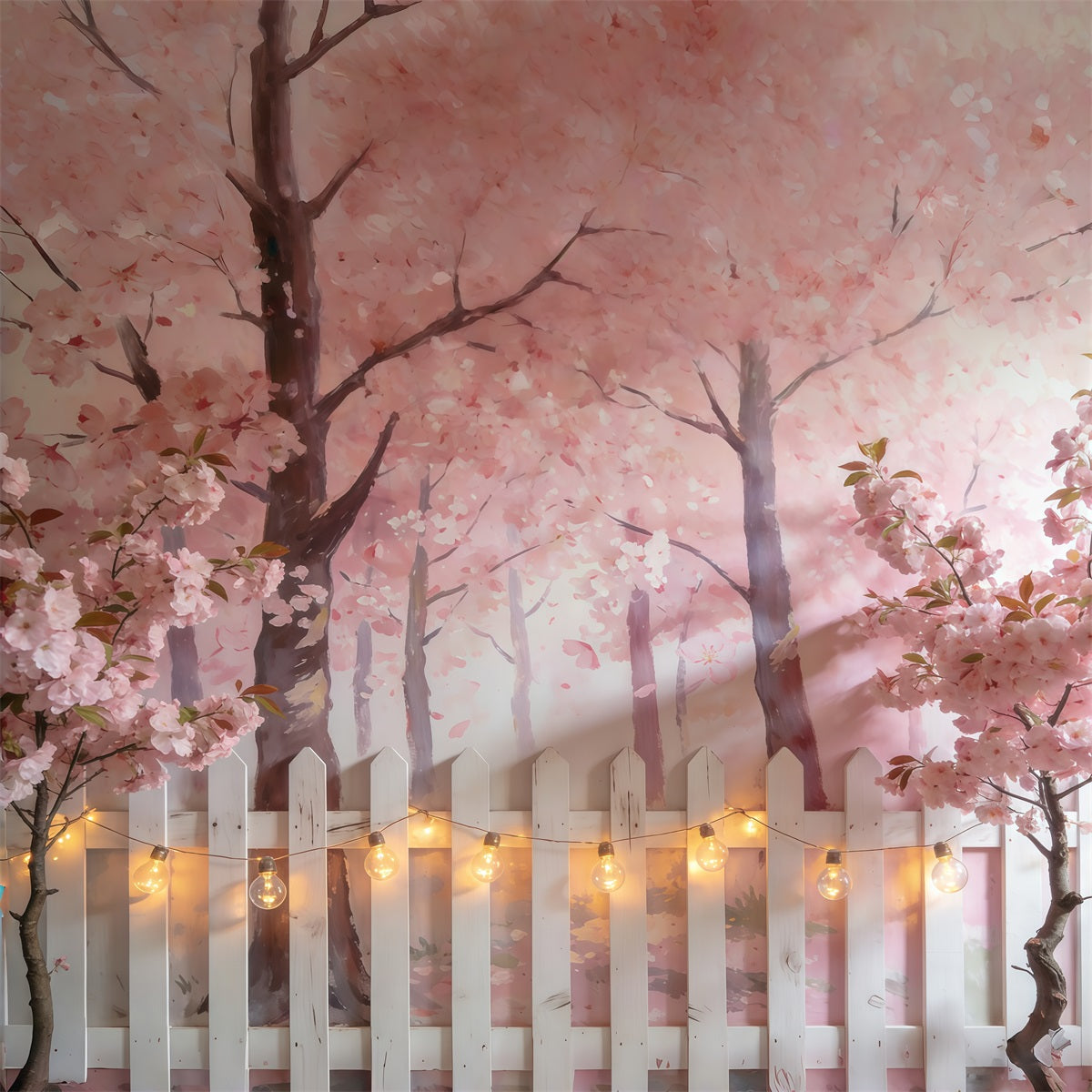 Cherry Blossoms Backdrop Pink Blossom Trees White Fence Photography Spring Backdrop CSH61-139