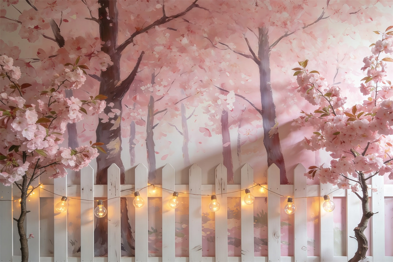 Cherry Blossoms Backdrop Pink Blossom Trees White Fence Photography Spring Backdrop CSH61-139