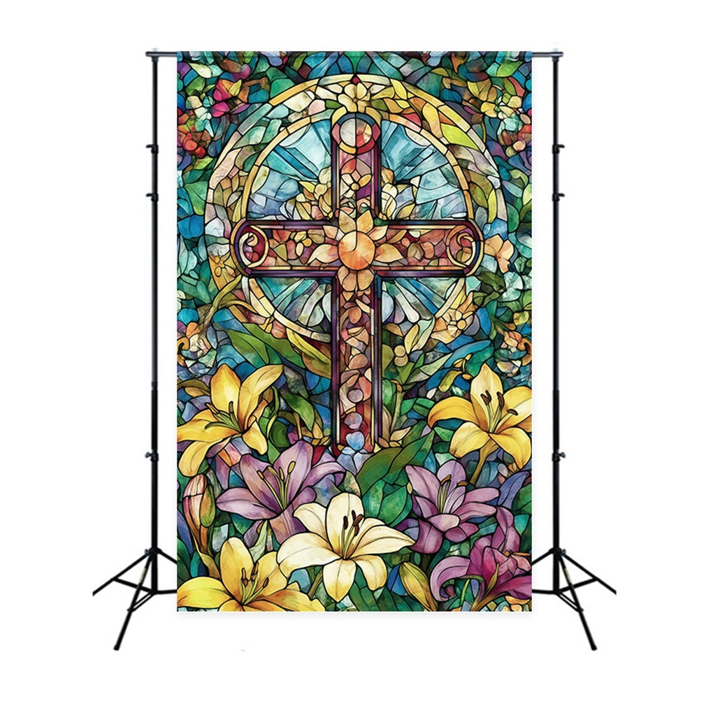Stained Glass Window Backdrop Floral Cross Church Gothic Easter Backdrops CSH61-14