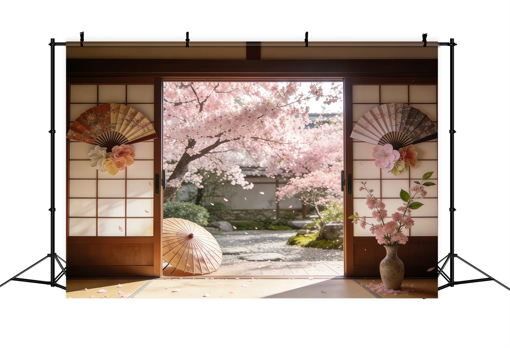 Backdrop Cherry Blossom Sakura Courtyard Sliding Doors Floral Picture Backdrop CSH61-142