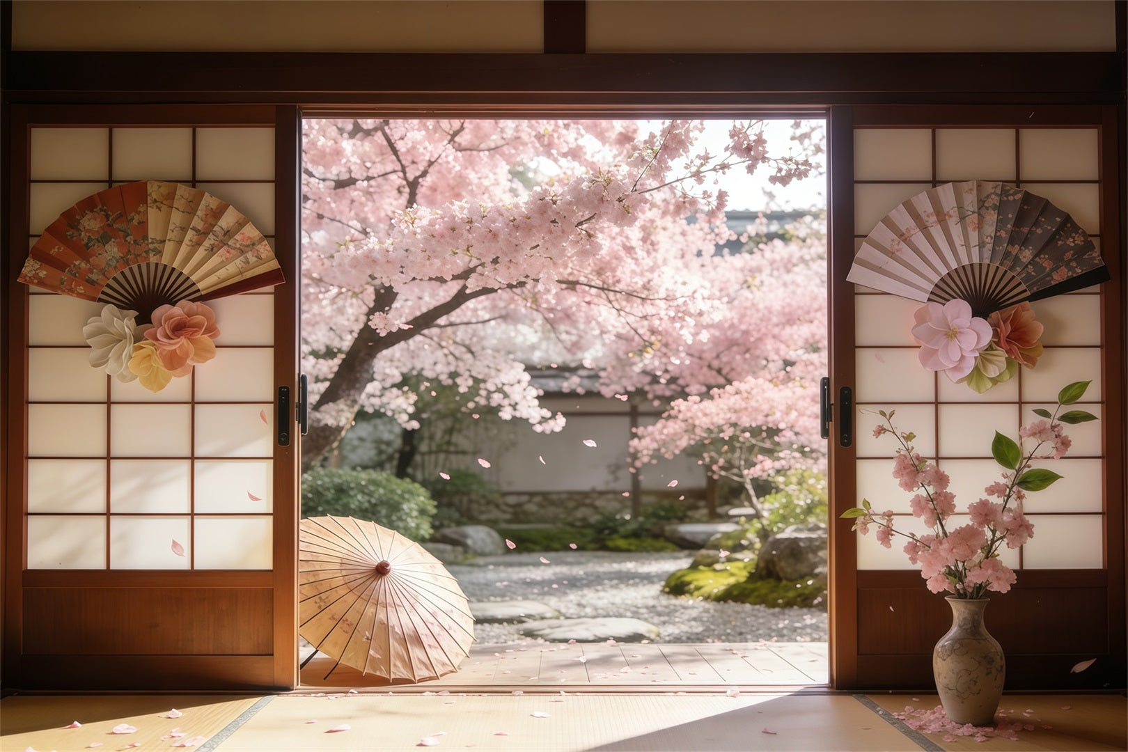 Backdrop Cherry Blossom Sakura Courtyard Sliding Doors Floral Picture Backdrop CSH61-142
