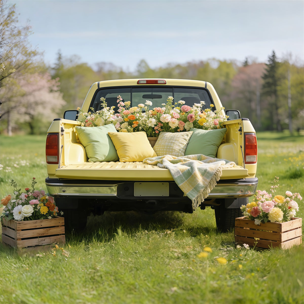 Picnic Backdrop Ideas Vintage Yellow Truck Blooms Cheap Spring Photography Backdrops CSH61-146