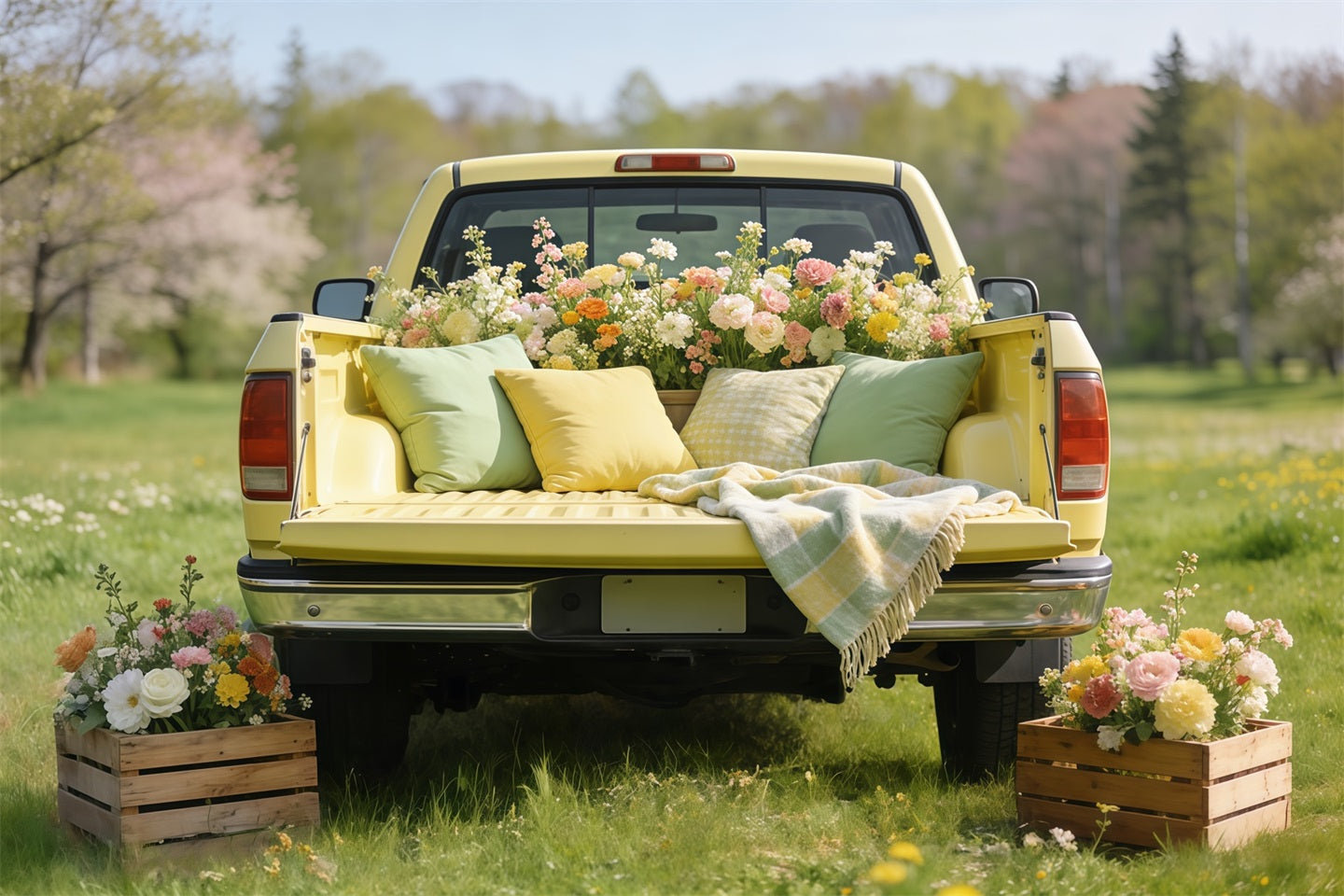 Picnic Backdrop Ideas Vintage Yellow Truck Blooms Cheap Spring Photography Backdrops CSH61-146