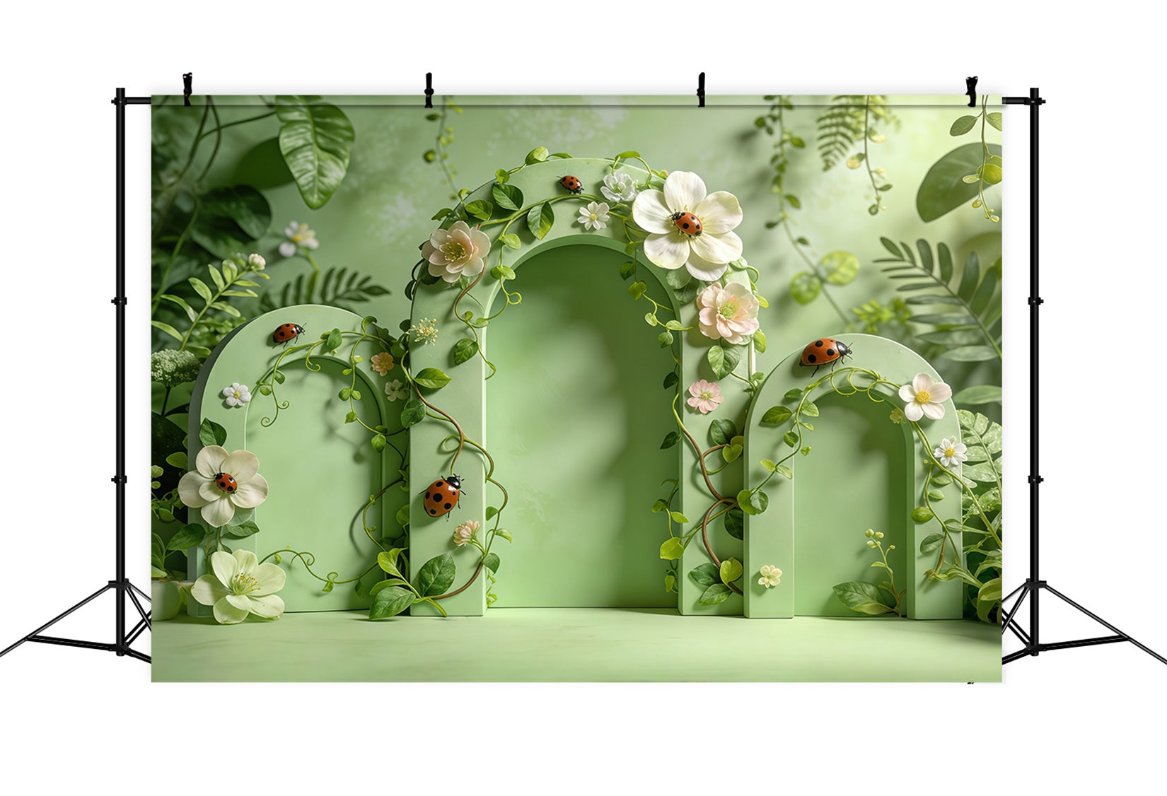 Lady Bug Backdrop Green Arch Door Floral Garden Spring Backdrops Ideas CSH61-147