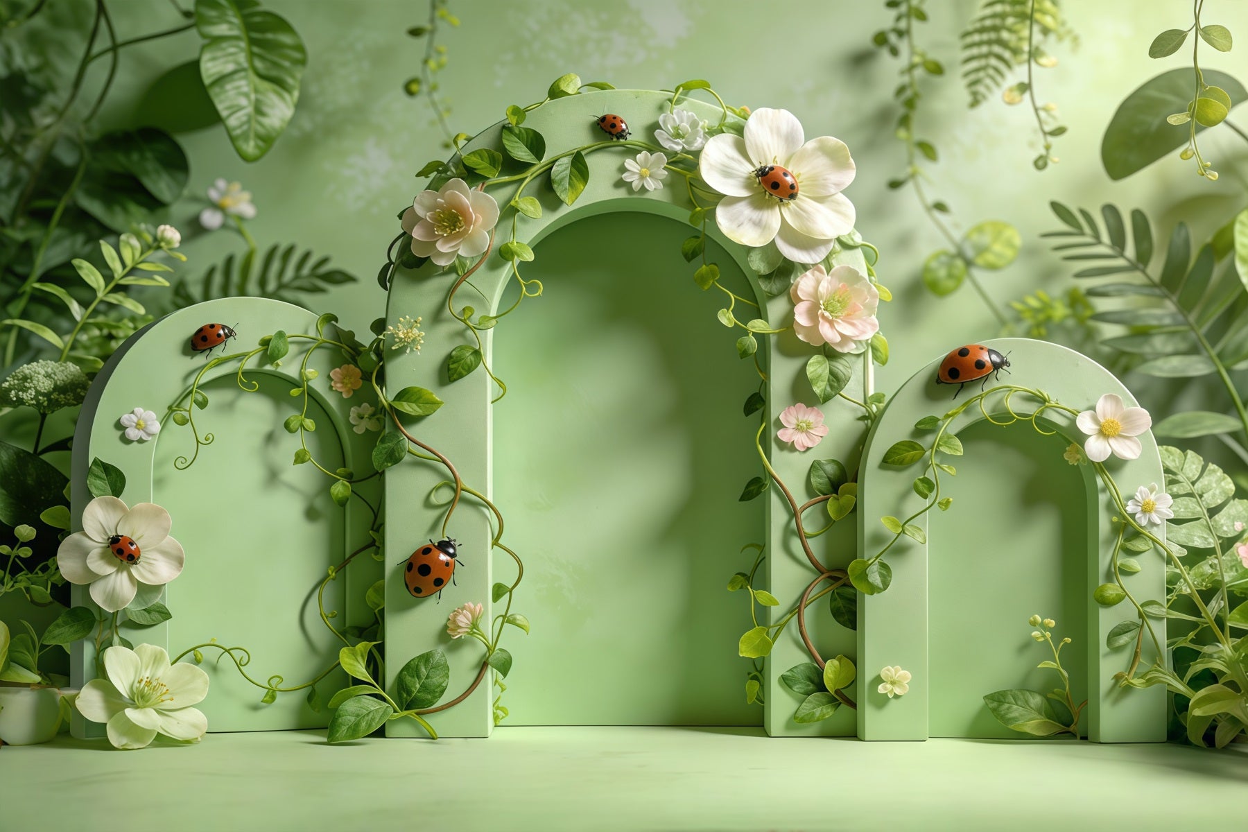 Lady Bug Backdrop Green Arch Door Floral Garden Spring Backdrops Ideas CSH61-147