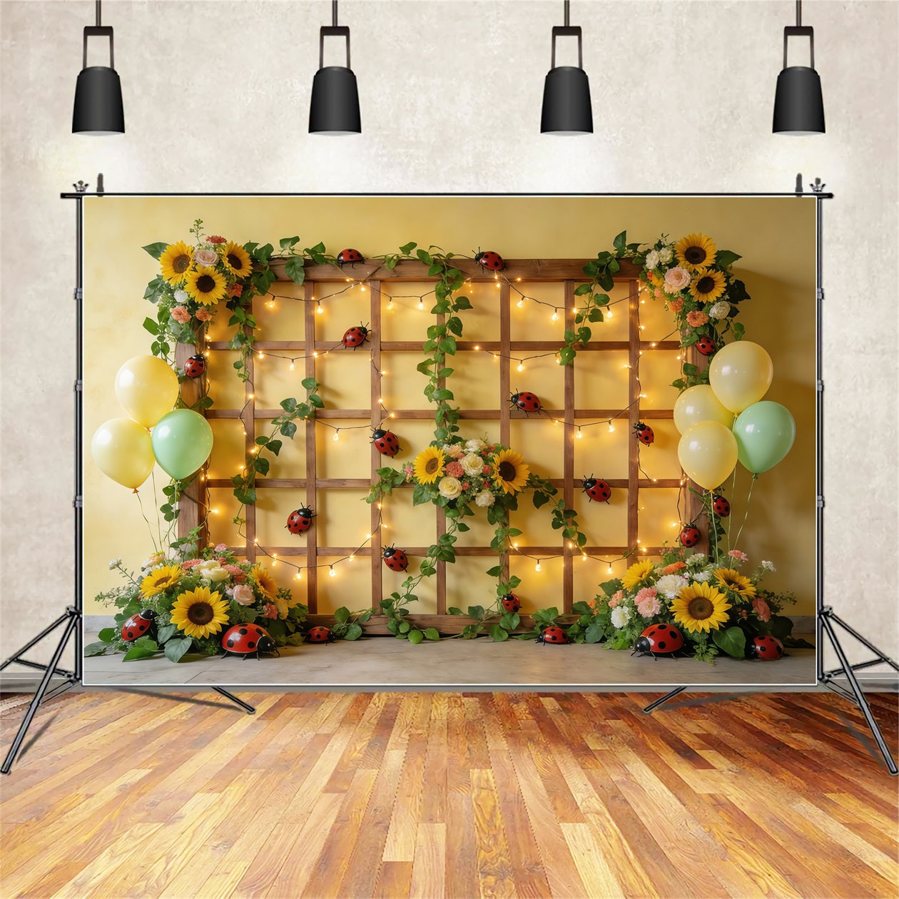 Ladybug Photo Backdrop Sunflower Trellis Balloon Lights Spring Photo Backdrop CSH61-149