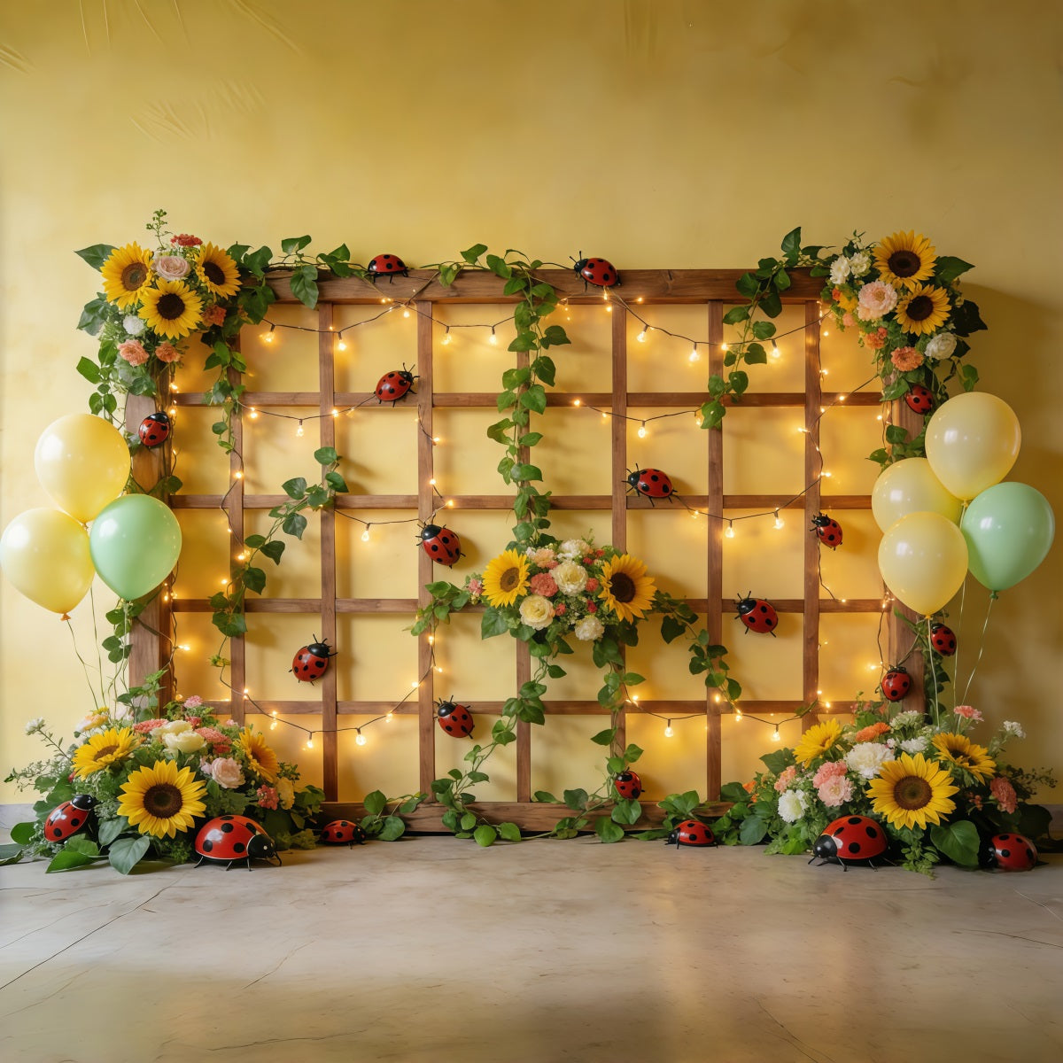 Ladybug Photo Backdrop Sunflower Trellis Balloon Lights Spring Photo Backdrop CSH61-149