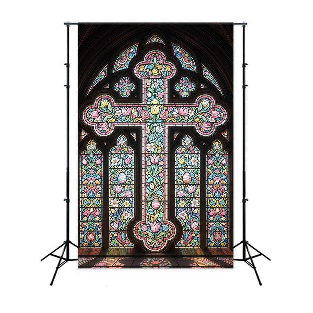 Stained Glass Window Backdrop Cathedral Cross Ornate Gothic Easter Backdrops CSH61-15
